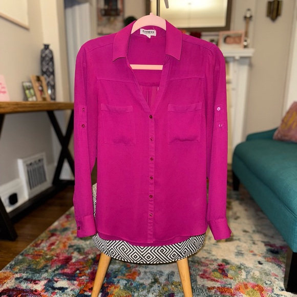 2/$10 • Express Fuchsia Portofino Button Down Blouse - Size: Small - Picture 1 of 9